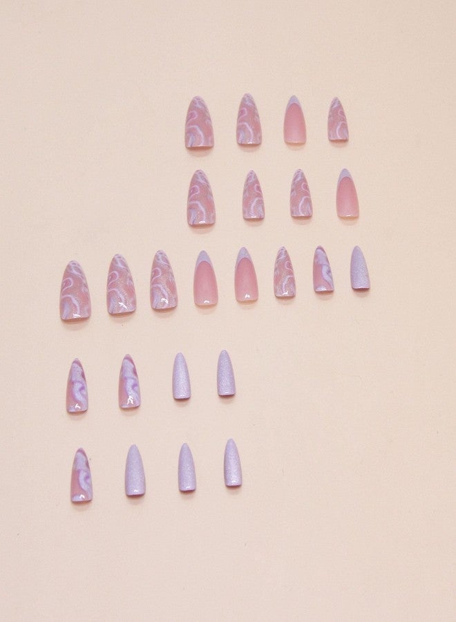 TOGZOM Mave Medium Purple Marble Glitter Acrylic False Nails - Shiny Stick On, 24Pcs with French Nails Glossy Finish - Image 5